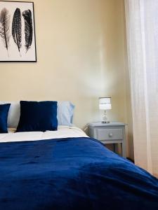 豐當的住宿－Nogueira Country House，一间卧室配有一张带蓝色床单和墙上羽毛的床。