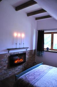 a living room with a fireplace and a bed at Forreset esencja natury - apartament z opcją sauny i balii in Gietrzwałd