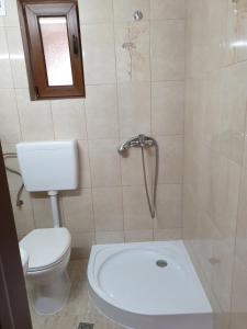 a small bathroom with a toilet and a shower at Casa Luci&Matei in Căciulata