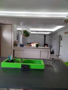 kuchnia z zielonym stołem w pokoju w obiekcie Agréable chambre double avec salle d'eau privative w mieście Le Mesnil-Théribus +1 zdjęcie