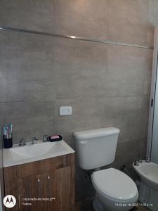 a bathroom with a toilet and a sink at Lugar Encantador Con Estacionamiento Gratuito 1 in Olavarría +1 photo