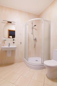 a bathroom with a shower and a toilet and a sink at HOTEL LEMONIADA in Lućmierz +52 photos