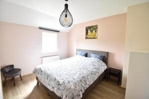ein Schlafzimmer mit einem Bett und einer Hängeleuchte in der Unterkunft Gîte Jod'en Campagne in Vaux-sur-Sûre