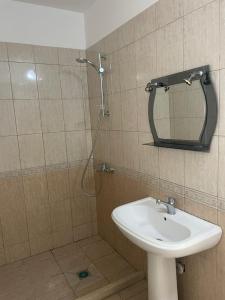 a bathroom with a sink and a shower with a mirror at Mali i Robit SeaView Apartment in Golem +30 photos