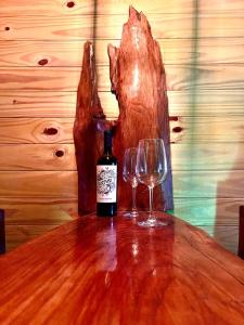 Una botella de vino y dos copas en una mesa de madera. en La Casa Del Arbol con pileta privada en Capilla del Señor