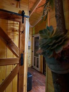 una puerta de madera en una habitación con un árbol en La Casa Del Arbol con pileta privada en Capilla del Señor