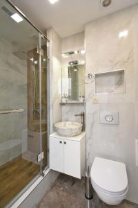 a bathroom with a toilet and a shower and a sink at Apart 10 in Yerevan