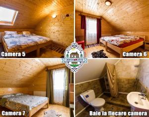 2 Bilder eines Schlafzimmers in einem Blockhaus in der Unterkunft Cabana din Damb in Râșca