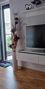 un jarrón con flores en la sala de estar con TV en Apartman MAJA en Vrnjačka Banja