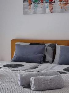 uma cama com almofadas azuis e um quadro na parede em Apartman MAJA em Vrnjačka Banja