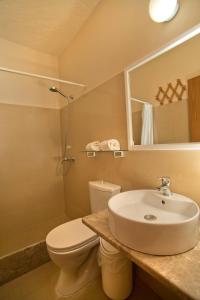 uma casa de banho com um lavatório, um WC e um espelho. em Acropolis Hotel em Masouri