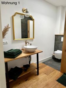 a bathroom with a sink and a mirror at Ferienwohnungen Tenner in Jüterbog