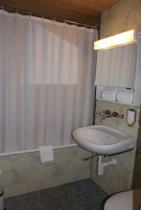 a bathroom with a sink and a shower curtain at Baeren Hotel, The Bear Inn in Wilderswil