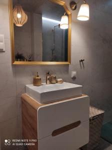 y baño con lavabo blanco y espejo. en Apartament na Wzgórzu Zielony, en Łańcut