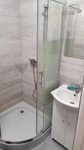 a bathroom with a shower and a sink at Pokój Y in Stegna