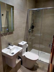 een badkamer met een toilet, een wastafel en een douche bij Braeside Cottage - Adorable 2 Bedroom Eco-Friendly Character Cottage in Pitlochry