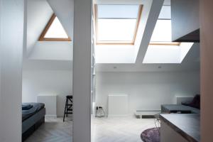 a living room with two skylights in the ceiling at E.M. Studio In City Center in Kaunas