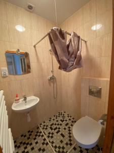 a bathroom with a toilet and a sink with an umbrella at Leonardo Guesthouse in Świeradów-Zdrój