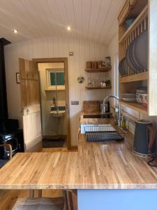 uma cozinha com um balcão de madeira e um lavatório em Shepherd’s delight em Tintern