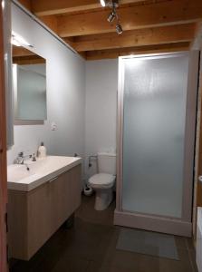 a bathroom with a toilet and a sink and a shower at La clairière du lac, le bungalow de l'écureuil in Froid-Chapelle