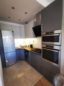 a kitchen with stainless steel appliances and gray cabinets at K&Scielna4013 in Świdnica