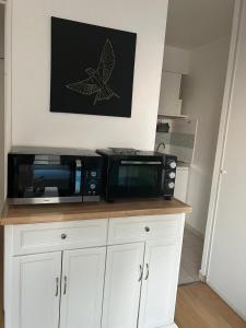 un four micro-ondes installé au-dessus d'un comptoir de cuisine dans l'établissement Cosy appartement with free parking a Paris, à Villejuif
