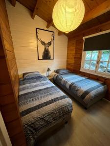 two beds in a room with a deer picture on the wall at Veluwse Bungalow in Ermelo