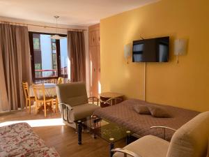 a living room with a couch and a tv on the wall at Apart Hotel Flora Residence - Clover Building Flat 09 in Borovets