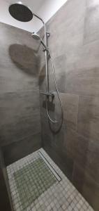 y baño con ducha con cabezal de ducha. en Wohnung im Schwarzwald mit Panorama Blick en Kleines Wiesental