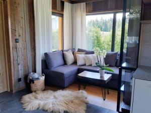 a living room with a blue couch and a white rug at Willa Maciejka - Domek Narciarski in Trybsz