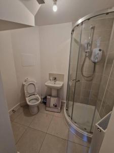 a bathroom with a shower and a toilet and a sink at 7 Burnby Close,Leeds,LS14 1GA in Leeds