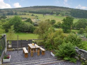 a picnic table in a garden with a hill in the background at Bwthyn Pabi in Penmachno