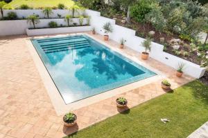 uma piscina num quintal com vasos de plantas em Colorful Villa with pool by OTYNA AM em Estoril