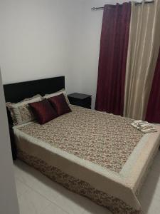 a bedroom with a bed with red pillows at Apartamento Vila Santa Bárbara ,Bloco F RChão Esq,Santo Antão,Cabo Verde in Mão para Trás
