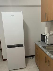 a kitchen with a white refrigerator and a microwave at Apartamento Vila Santa Bárbara ,Bloco F RChão Esq,Santo Antão,Cabo Verde in Mão para Trás