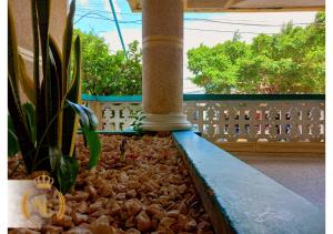 um alpendre com uma coluna e algumas plantas numa varanda em Hotel Nueva Esperanza em Barranquilla