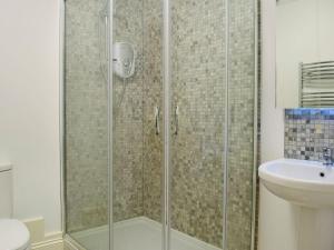 a shower with a glass door in a bathroom at Y Hendy Llaeth in Cyffic
