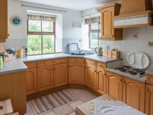 a large kitchen with wooden cabinets and a sink at Middle Lodge in Mintlaw