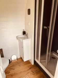 a small bathroom with a toilet and a shower at Tirolian Lodge East in Bundorf