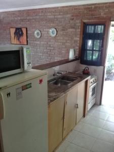 eine Küche mit einer Spüle und einer Mikrowelle auf dem Kühlschrank in der Unterkunft La Posada de Gogg Cabañas in Bella Vista
