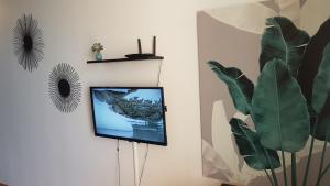 uma televisão de ecrã plano numa parede ao lado de uma planta em Les Studios de La Baie 349 em La Trinité