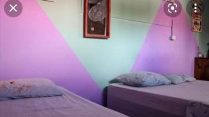 - une chambre avec des murs violets et 2 lits avec des oreillers dans l'établissement Hostel swellpipa, à Pipa