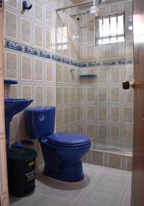 y baño con aseo azul y lavamanos. en Apartamento Campestre la Casa de Leo en Paipa
