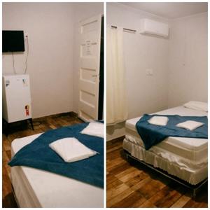 two pictures of a bedroom with two beds and a dresser at Hotel Itamaraty in Várzea Grande