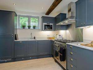 a kitchen with blue cabinets and a stove at Bluestone Cottage in Welton le Wold