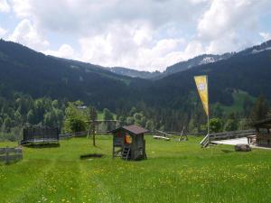 a field with a kite in the middle of a field at Ferienhof Almfrieden in Balderschwang