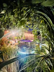 a pool in a garden with a waterfall at Domki i Apartamenty Całoroczne Koliber in Władysławowo