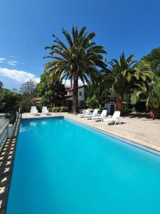 a large swimming pool with chairs and palm trees at Dreams and friends on the coast of Bilbao. in Getxo
