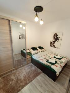 een slaapkamer met een bed en een grote spiegel bij MK Apartament II in Rzeszów