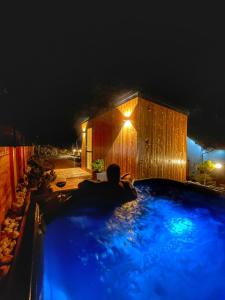 a large swimming pool in a backyard at night at Apartament 7.0 in Roztoka Wielka